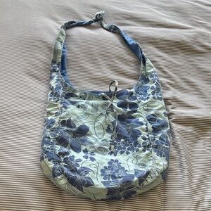 Vintage Blue Hibiscus-Print Cotton Crossbody Satchel Bag